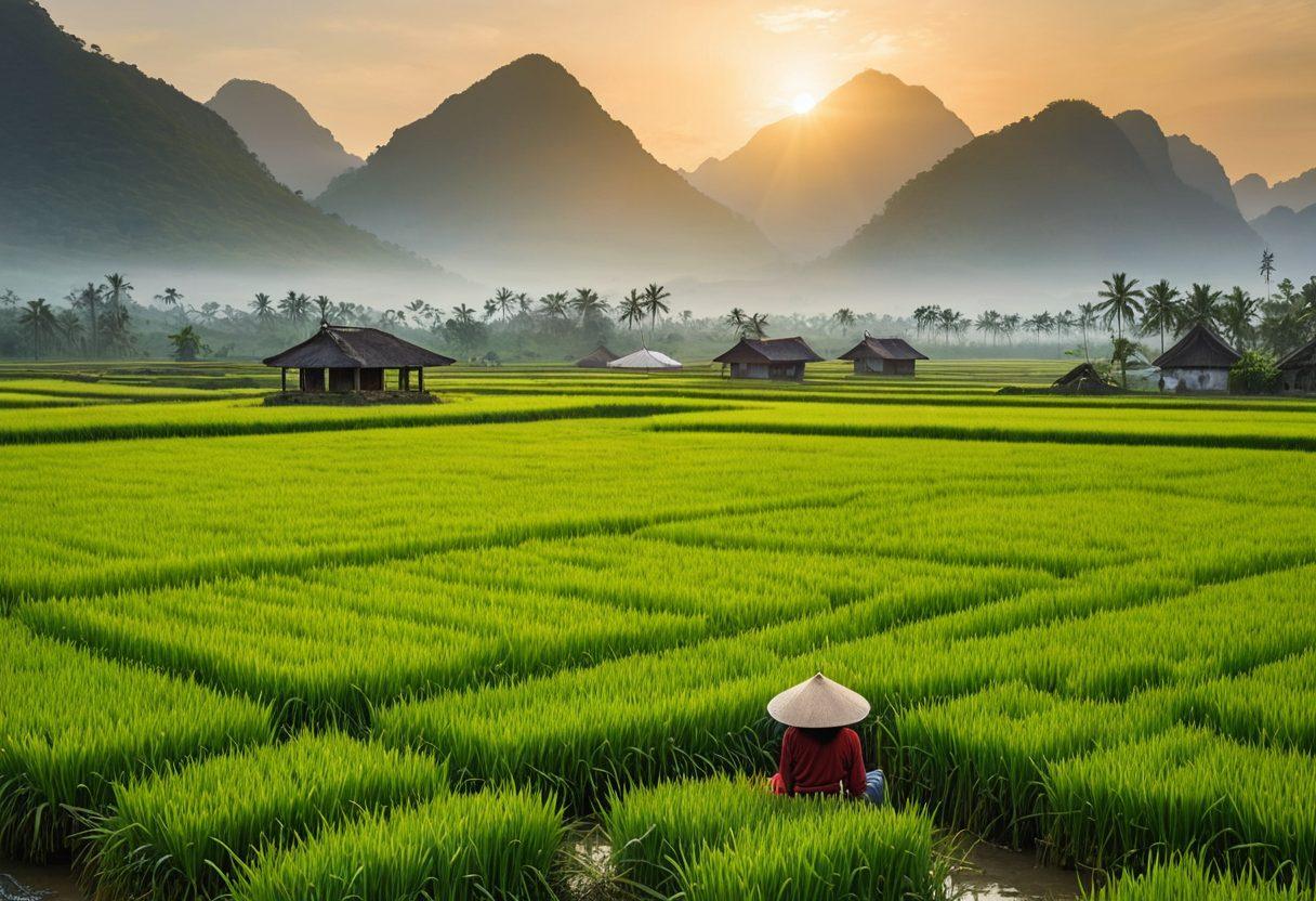 A serene landscape of Vietnam showing lush green rice fields with a distant mountain range, intertwined with imagery of soldiers transitioning into peaceful life, scattered flowers symbolizing remembrance, and the iconic silhouette of a Vietnamese hat nearby. The image should evoke feelings of resilience and serenity. super-realistic. vibrant colors. peaceful atmosphere.