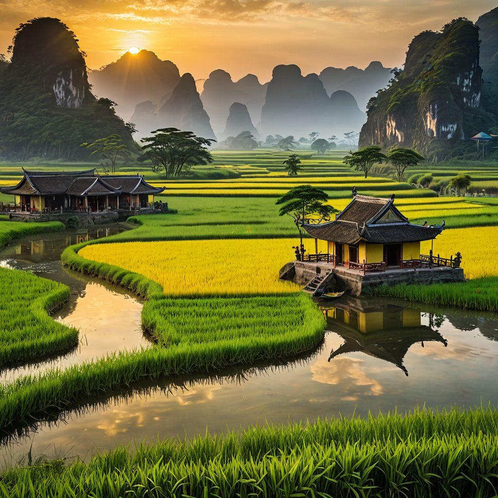 A serene landscape of Vietnam showcasing a blend of ancient temples and lush green rice paddies under a golden sunrise. Traditional Vietnamese people in ao dai dresses are joyfully engaging in cultural activities, symbolizing reconciliation. A gentle river flows nearby, reflecting the vibrant colors of the scene. Include soft hues to evoke a sense of peace and contentment. super-realistic. vibrant colors. natural setting.