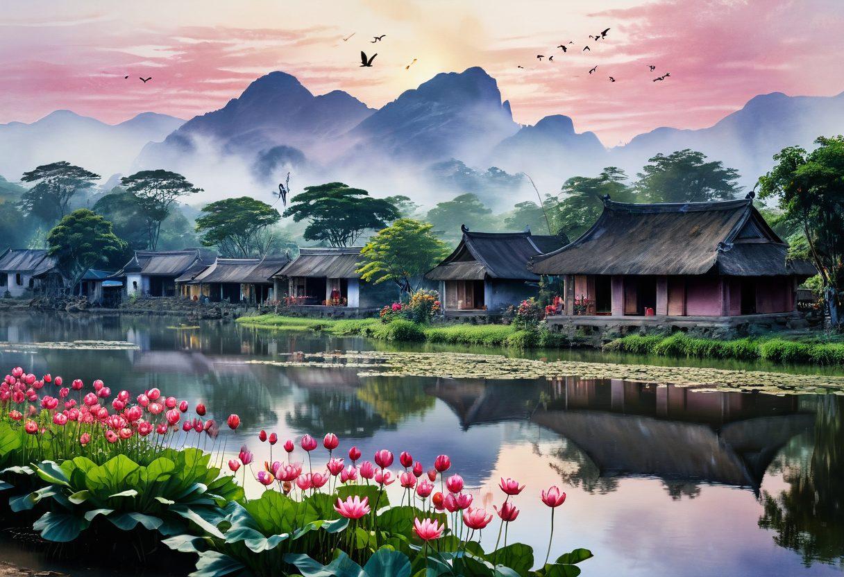 A serene landscape depicting a traditional Vietnamese village in the foreground, with contrast between bright peaceful elements like blooming lotus flowers and dark shadows representing historical conflicts in the background. Incorporate symbolic elements like a peace dove and ancestral altars, reflecting themes of remembrance and harmony. The design should evoke a sense of tranquility amidst complexity, with warm earthy tones and soft lighting. watercolor painting. vibrant colors.